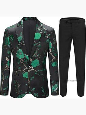 Men's 2-Piece Floral Suit Polyester Tuxedo Jacket & Pants Formal Wear